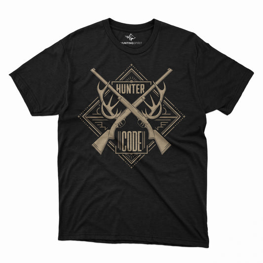 Hunter Code T-Shirt - Crossed Rifles and Antlers Design